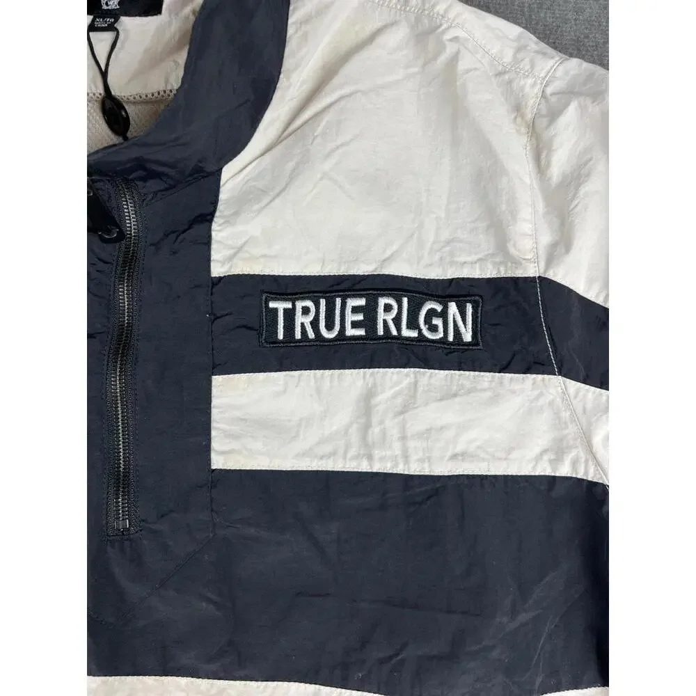 True Religion Black and White Stripe Zip Pullover Nylon Outer Shell Coats Sz XL‎